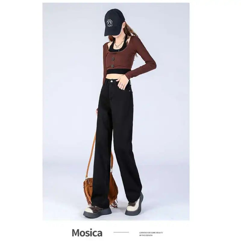 Woman Vintage Wide Leg Jeans Girls High Waist Pants Female Fashion Black Black Grey Retro Blue Light Blue Pink Denim Trousers
