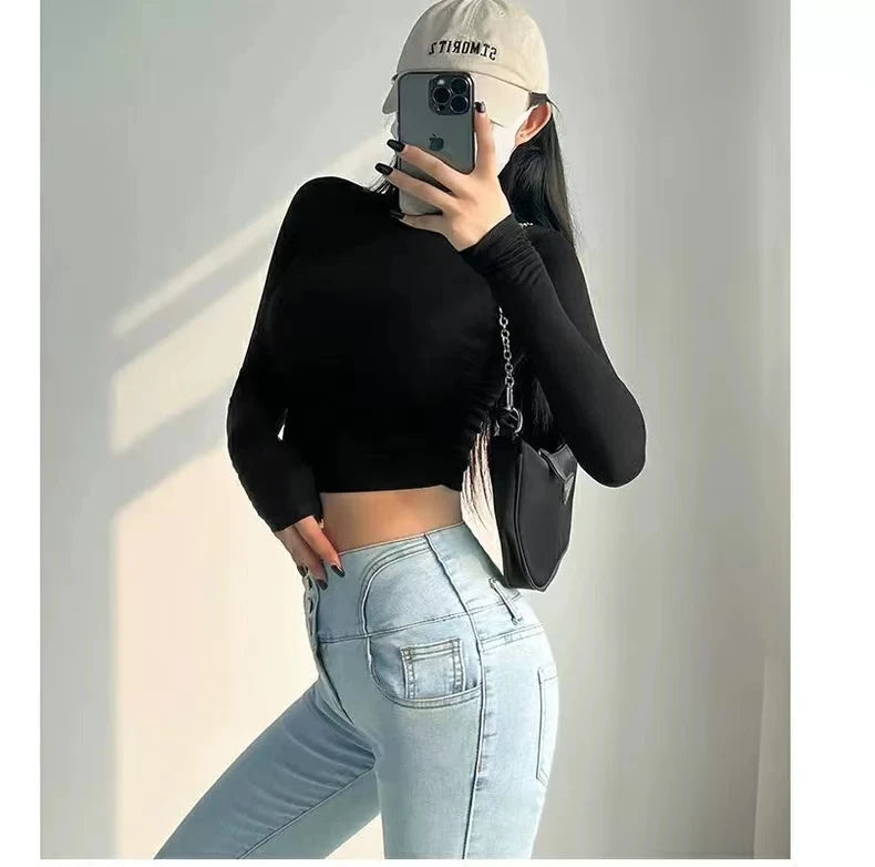 Womens Long Sleeve Turtleneck T Shirts Ribbed Tight Knit Sexy Slim Fitted Casual Women's Basic Crop Tops Cropped T-Shirt