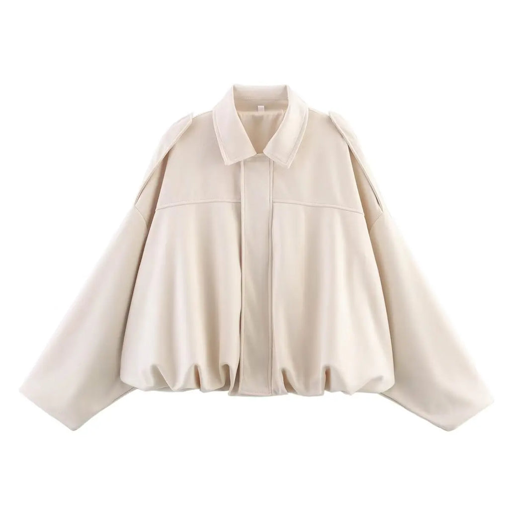 ETJ 2025  Spring new women's suede texture effect Loose version of fashion lapel shoulder bomber jacket