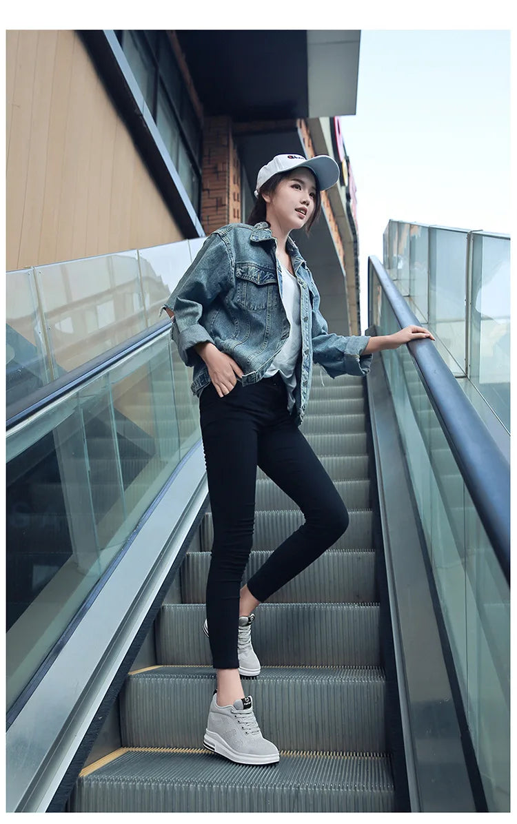 Casual Increase Women Shoes Mesh Comfortable Breathable Wedge Heels Fashion Contracted Lace Up Running Sneakers Tênis Branco