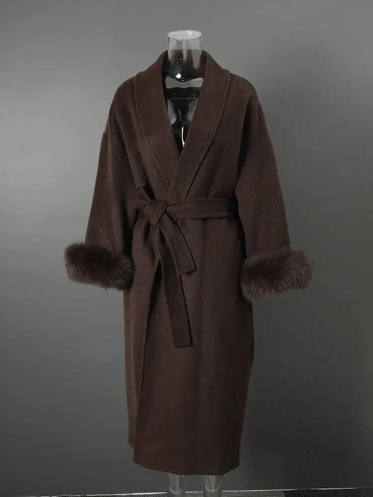 UCXQ Elegant OL Office Lady Overcoats Fur Patchwork Long Sleeve Woolen Coat Beautiful Women's Clothing Jacket Autumn 2025 Winter