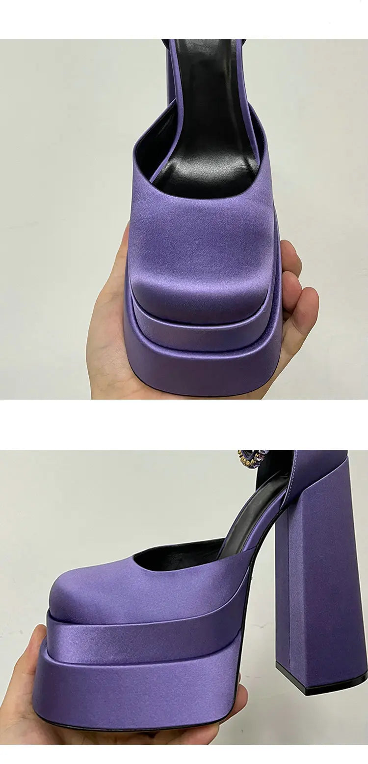 High Heels Women 2025 New Fashion Show 15cm Personality Super High Heel Waterproof Square Head Black Silk Runway Shoes