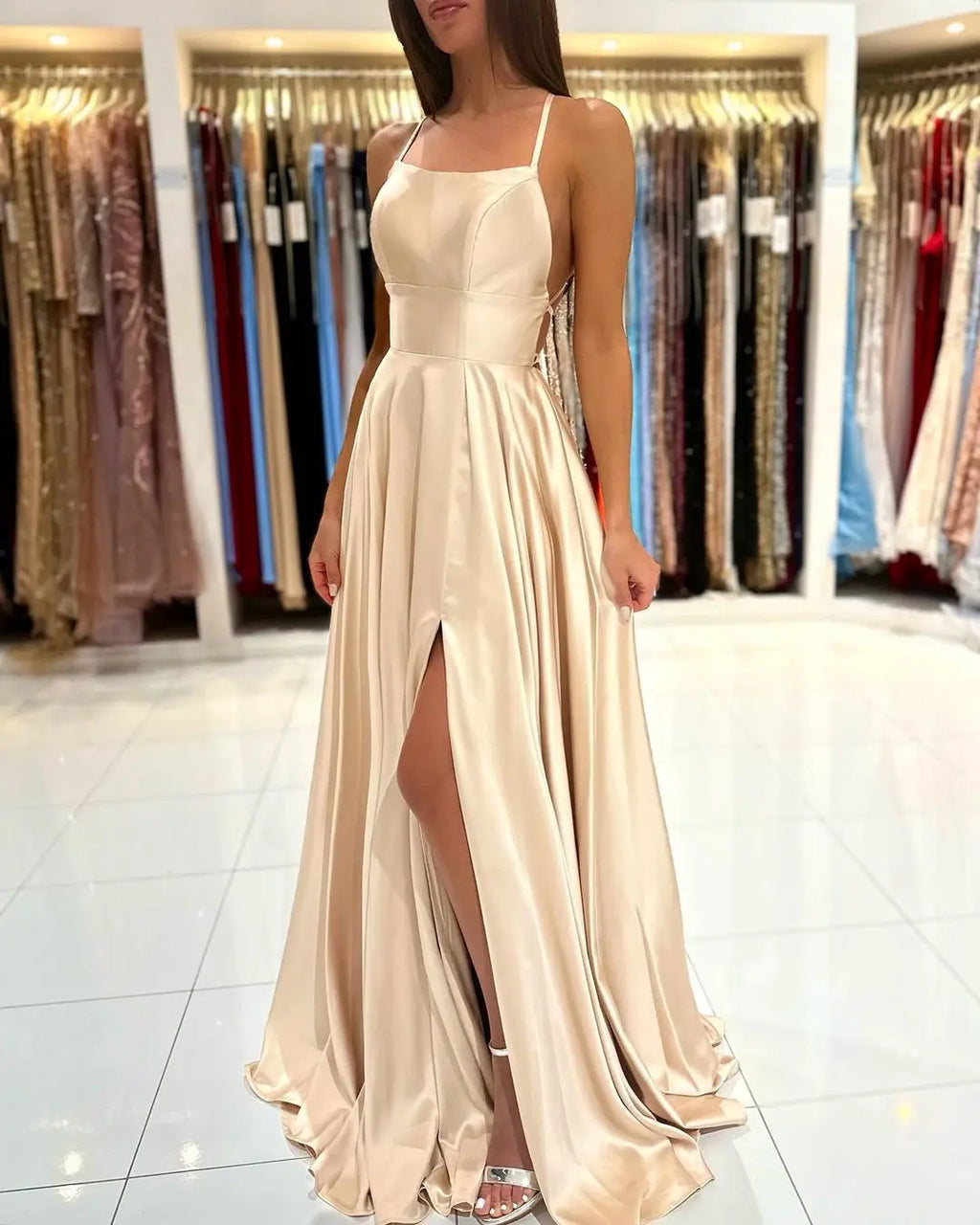 BABYONLINE Simple In Stock Soft Sliky Satin Bridesmaid Dresses Cowl Neck Tieing Thin Straps Leg Slit and Flowing A-line Dress