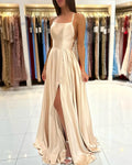 BABYONLINE Simple In Stock Soft Sliky Satin Bridesmaid Dresses Cowl Neck Tieing Thin Straps Leg Slit and Flowing A-line Dress