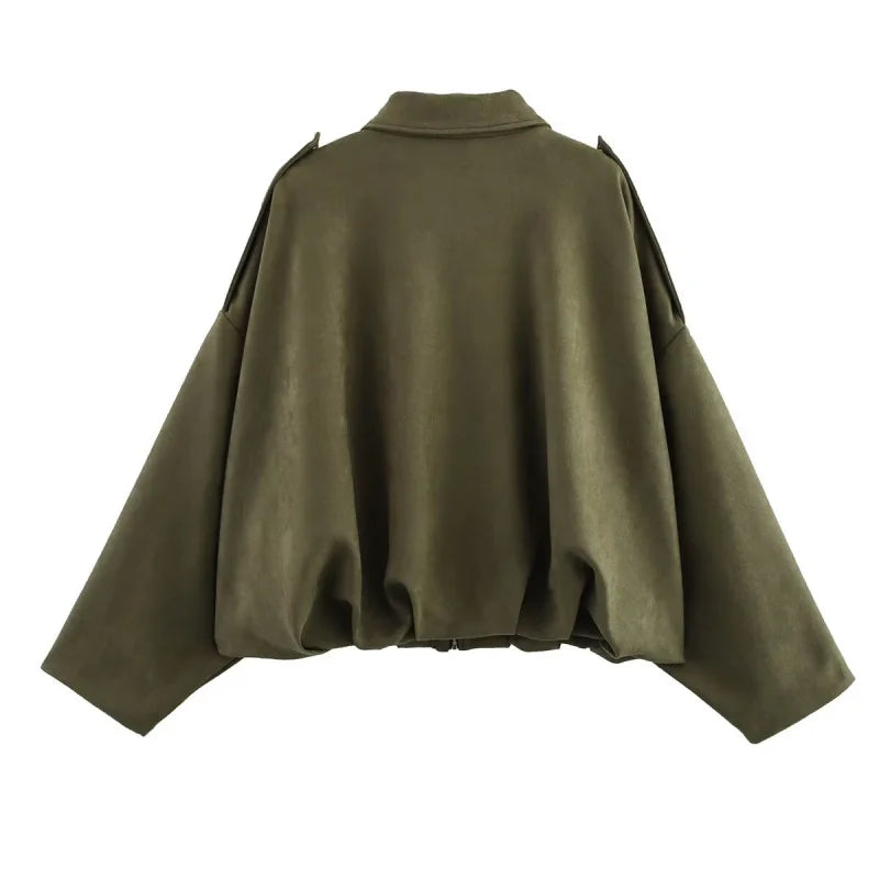 ETJ 2025  Spring new women's suede texture effect Loose version of fashion lapel shoulder bomber jacket