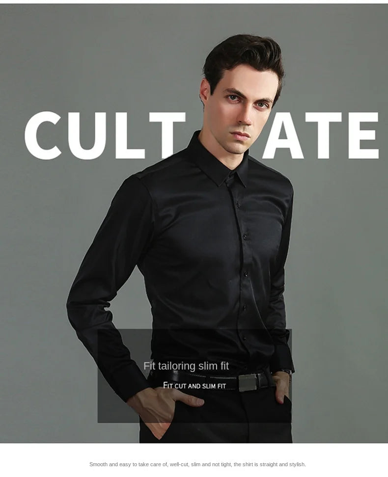 Micro elastic men's long sleeved shirt, silky and not easily wrinkled, high-quality men's shirt, plus size shirt