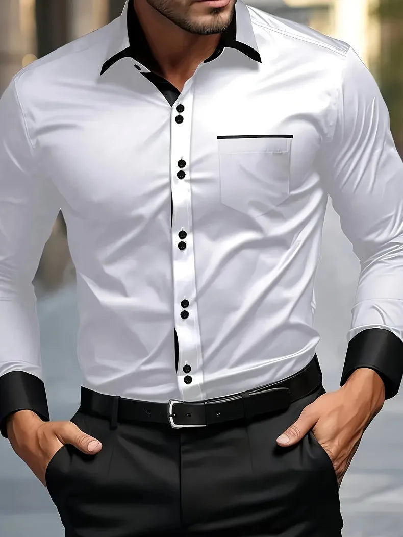 FGKKS New Men Shirts Brand Smart Business Long Sleeve Casual Classic Patchwork Elastic Black Male Dress Shirt