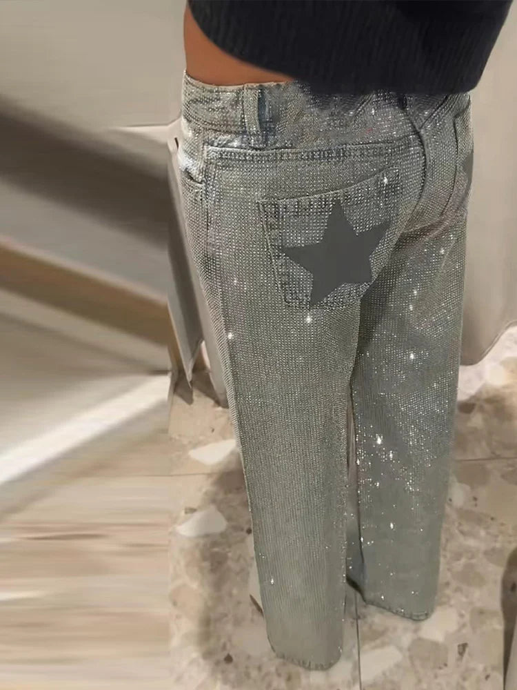 Shiny Rhinestone Baggy Women's Wide Leg Jeans Full Diamond Wide Leg Dragging Denim Pants Vintage Washed Pants Casual Trousers
