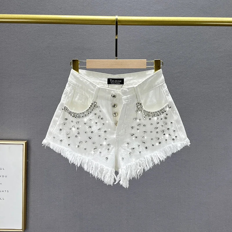 Diamond-Embedded Denim Shorts Women's Fashionable 2023 New Summer High Waist Loose Slimming Raw Hem Wide Legs Short Hot Pants