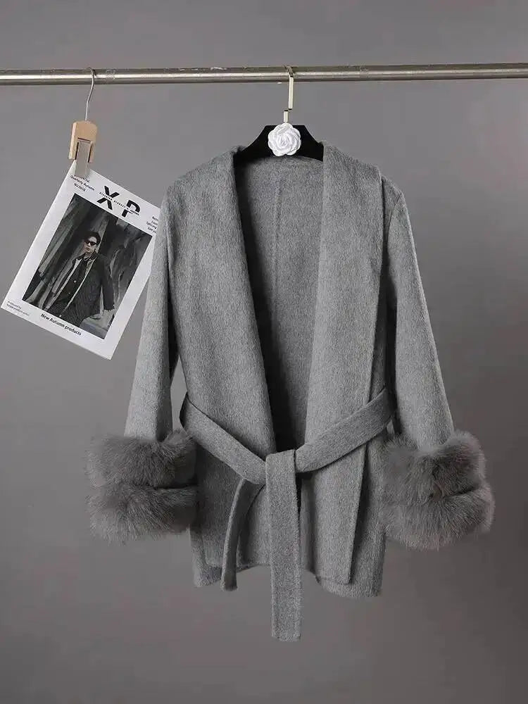 UCXQ Elegant OL Office Lady Overcoats Fur Patchwork Long Sleeve Woolen Coat Beautiful Women's Clothing Jacket Autumn 2025 Winter