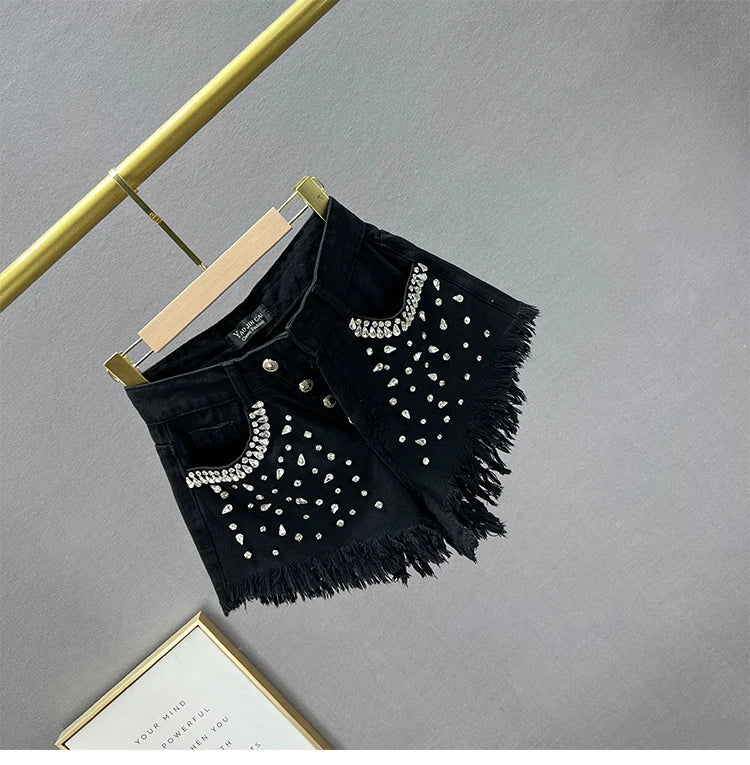 Diamond-Embedded Denim Shorts Women's Fashionable 2023 New Summer High Waist Loose Slimming Raw Hem Wide Legs Short Hot Pants