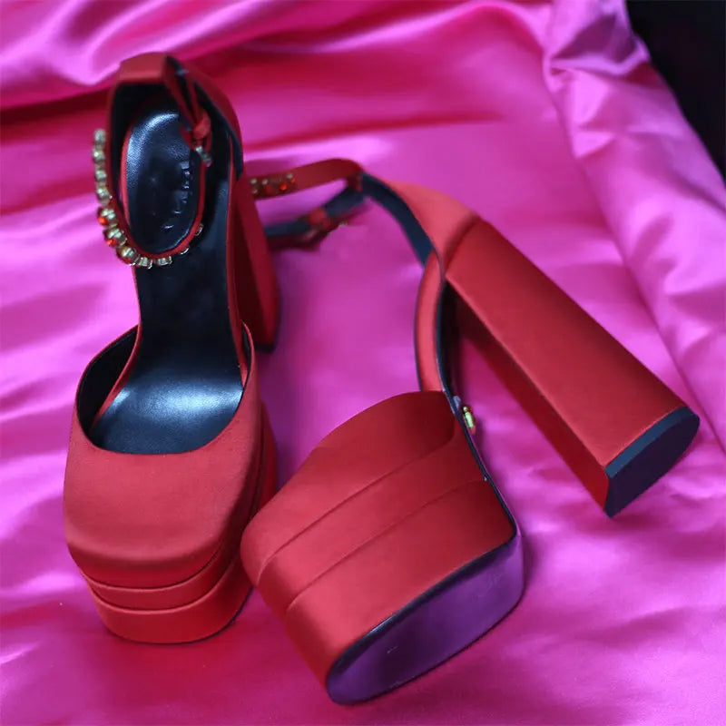 High Heels Women 2025 New Fashion Show 15cm Personality Super High Heel Waterproof Square Head Black Silk Runway Shoes