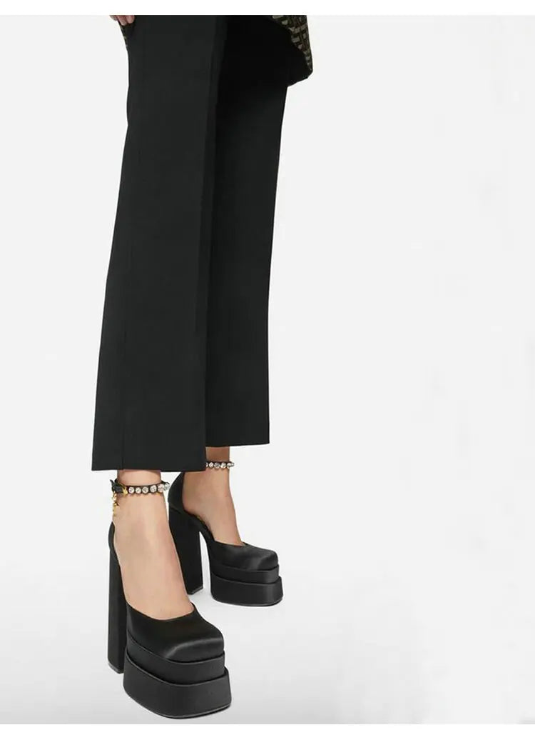 High Heels Women 2025 New Fashion Show 15cm Personality Super High Heel Waterproof Square Head Black Silk Runway Shoes