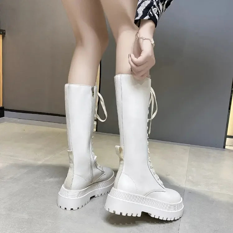 2024 New Thicken Winter Knight Boots Women Knee High Long Square Heel Boots Retro Thick Motorcycle Boots Black White Botas Mujer