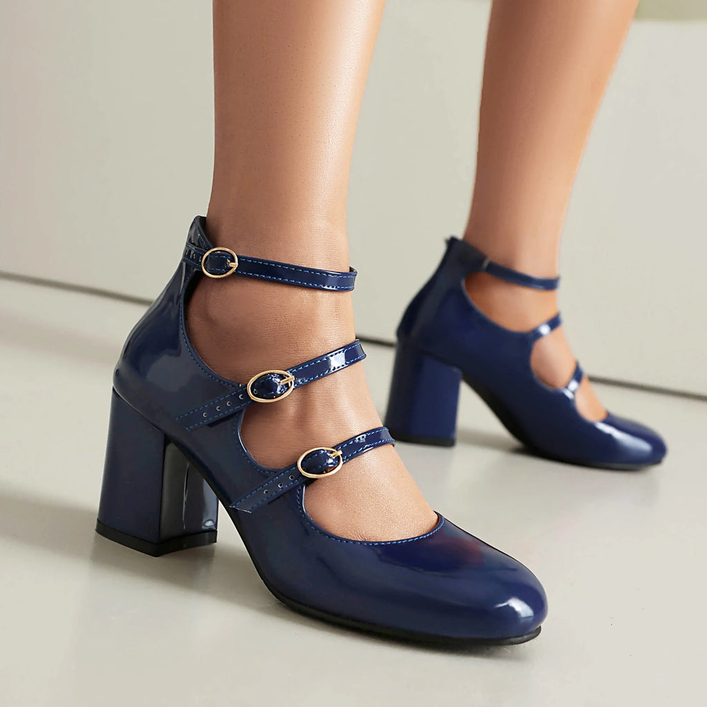 Pu High Heels Square Heel MARY JANES Square Toe Casual 2024 High Quality Ladies Shoes Buckle Strap Solid Fashion Pumps