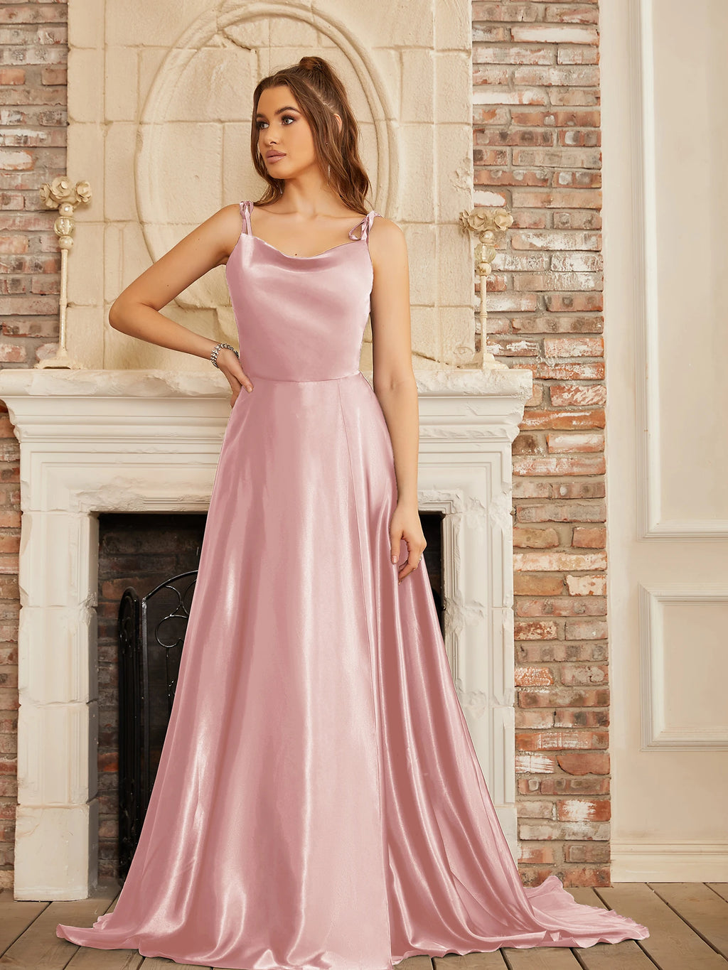 BABYONLINE Simple In Stock Soft Sliky Satin Bridesmaid Dresses Cowl Neck Tieing Thin Straps Leg Slit and Flowing A-line Dress