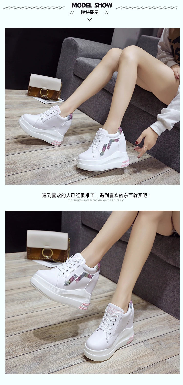 Women's Ankle Boots Autumn Leather Chunky Shoes Woman Platform Height Increased Sneakers 10.5CM Thick Sole Wedges White Boots