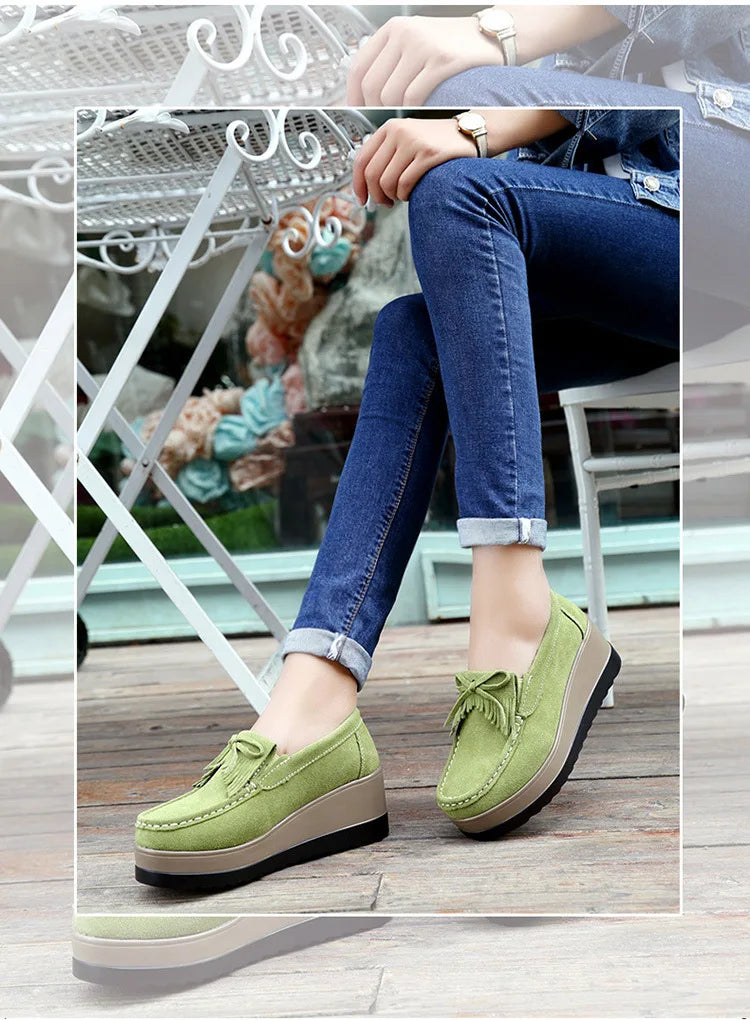 Fashon Green Suede Shoes of Women 2025 Spring Platform Leather Flats Slip on Sneakers Designer Tassel Fringe Loafer Moccasins