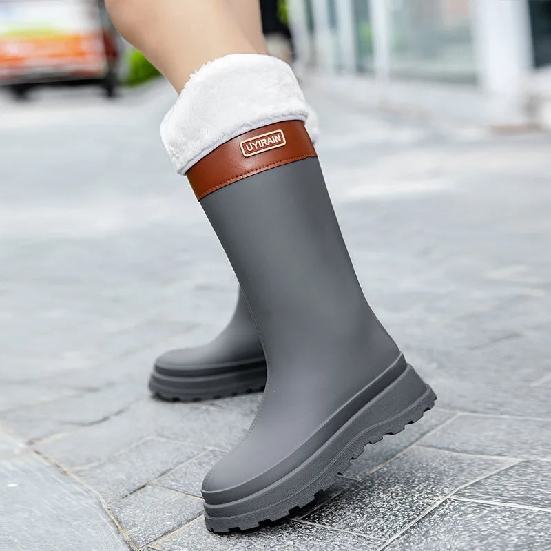 Adult Fashionable High-top Rain Boots Women's Waterproof and Non-slip Rain Boots for Outdoor Travel and Camping Cotton Warm Boot