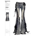 Women Dark Academia Goblin Core Harajuku Y2K Low Rise Lace Jeans Abi Denim Flare Pants Bell-Bottom Y2k Japanese Goth Gyaru Kpop