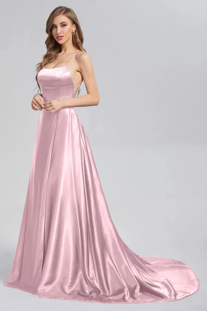 BABYONLINE Simple In Stock Soft Sliky Satin Bridesmaid Dresses Cowl Neck Tieing Thin Straps Leg Slit and Flowing A-line Dress