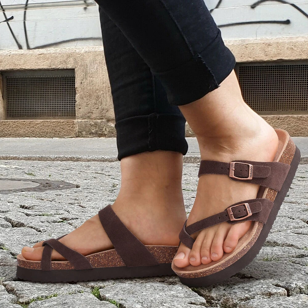 Shevalues Women Sandals Fashion Casual Cork Slippers Comfort Flats Slides With Adjustable Buckle Female Thick Sole Home Shoes