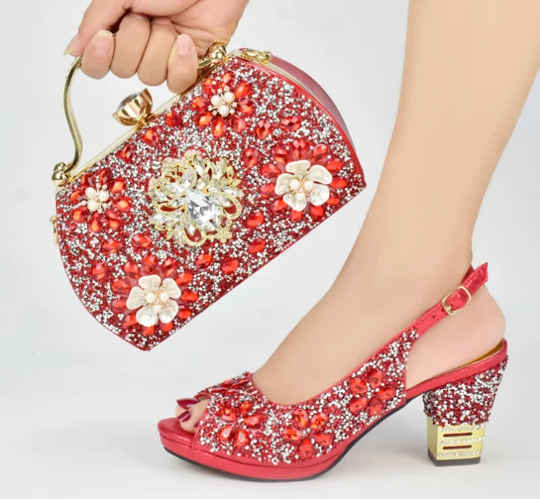 Doershow  Italian orange Shoes And Bag Sets For Evening Party With Stones Italian Leather Handbags Match Bags! !HUK1-32