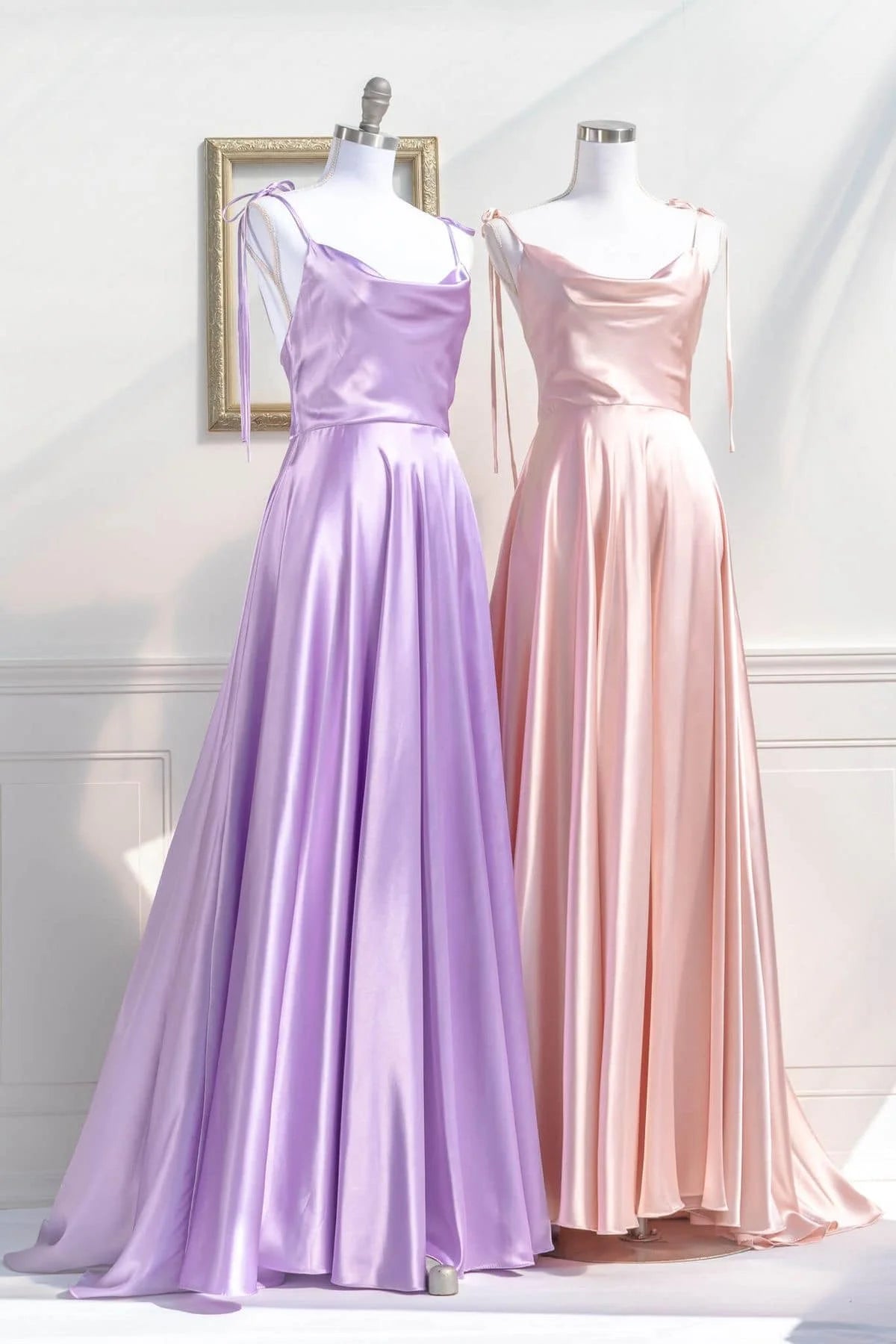 BABYONLINE Simple In Stock Soft Sliky Satin Bridesmaid Dresses Cowl Neck Tieing Thin Straps Leg Slit and Flowing A-line Dress