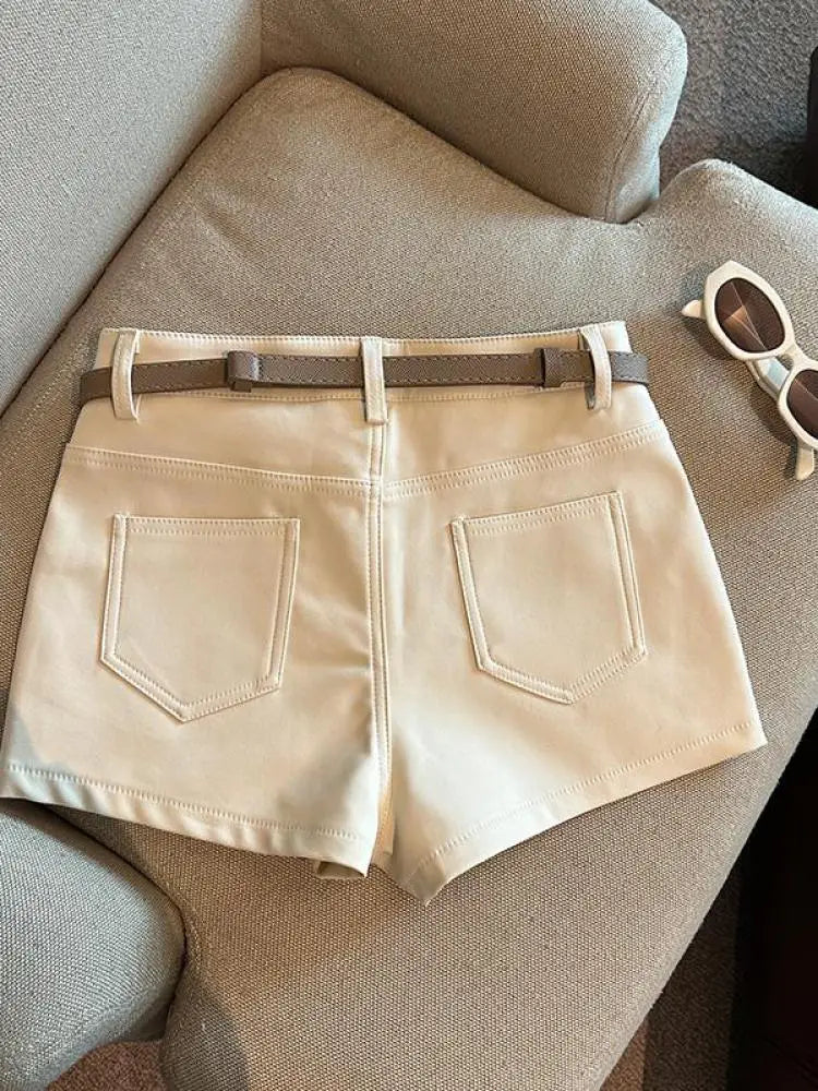 Autumn Black White Elegant Fashion Sexy Slim Short Pant Clothes Women Casual Beige Pockets High Waist Office Lady Shorts Simple