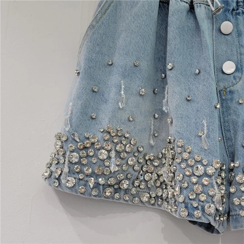 Heavy Industry Tassel Bead Diamond High Waist Jeans Shorts Loose Slimming Wide-Leg Denim Shorts Women 2023 Summer Short Pants