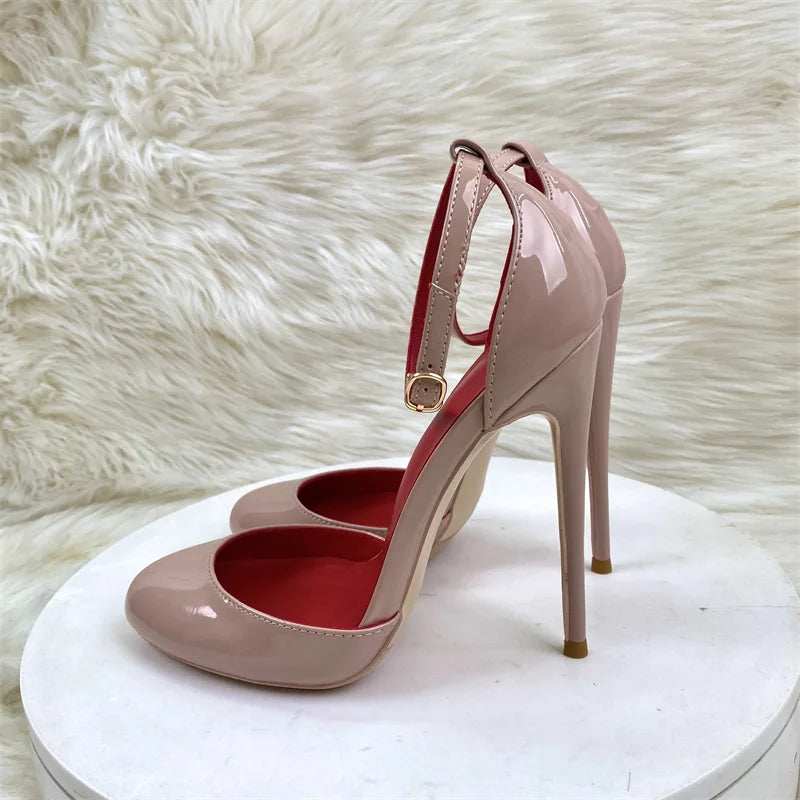 White Patent Leather Women Ankle Strap Stiletto Pumps Round HeadToe Sexy High Heel Shoes 10cm 12cm Customize 33-46 Zapatos Mujer