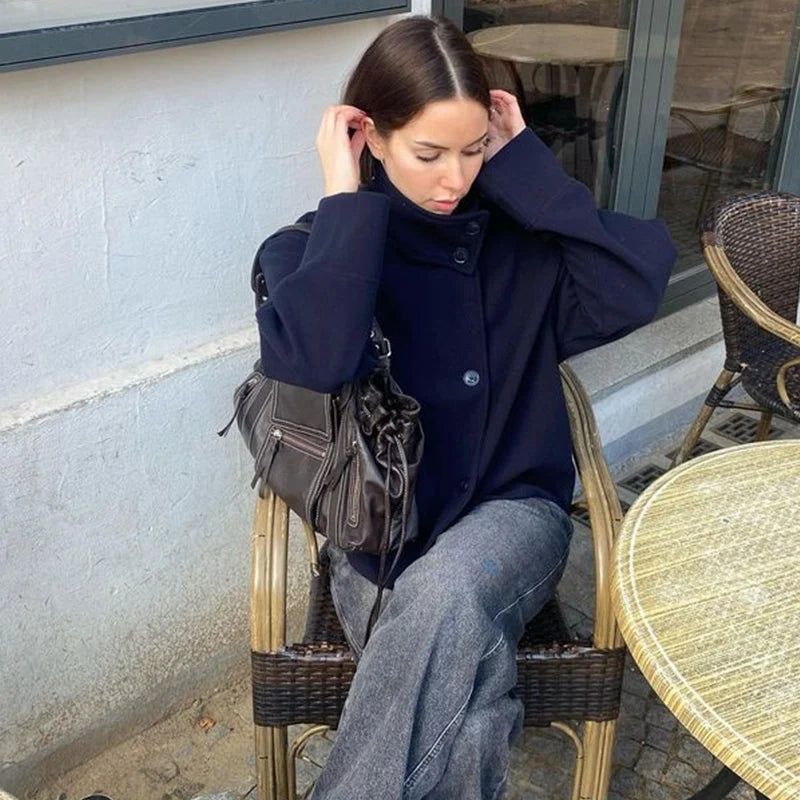 Stand Collar Women Spring Woolen Coats Single Breasted Loose Female Long Sleeve Jacket  Fashion Office Lady Street Short Coat