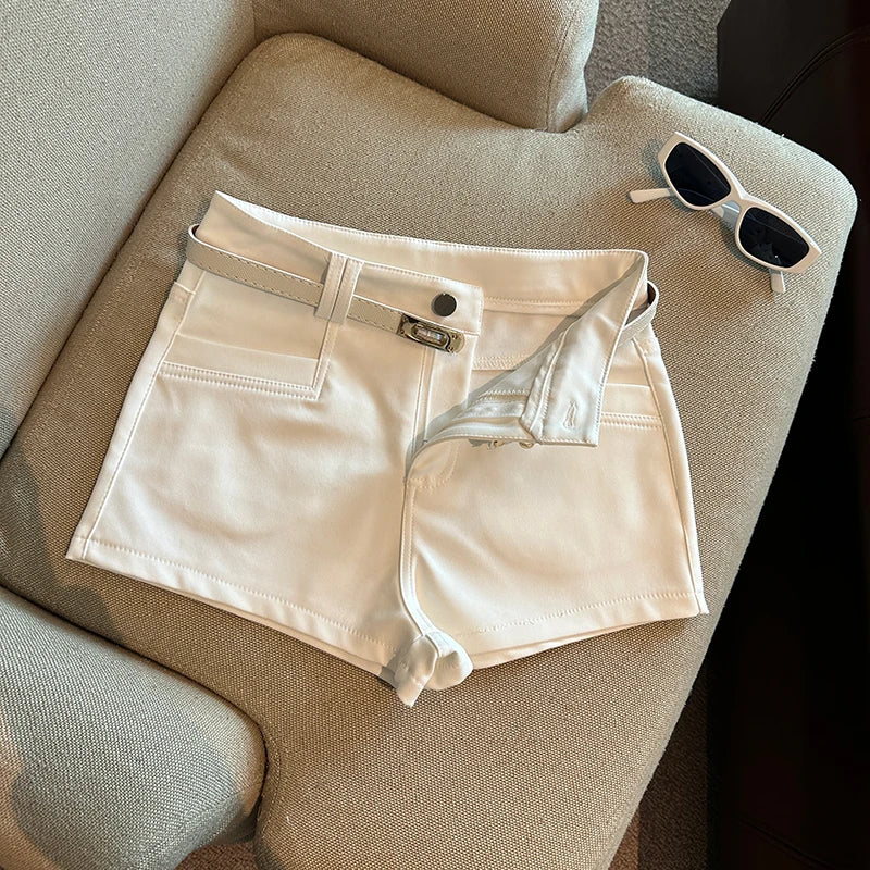 Autumn Black White Elegant Fashion Sexy Slim Short Pant Clothes Women Casual Beige Pockets High Waist Office Lady Shorts Simple