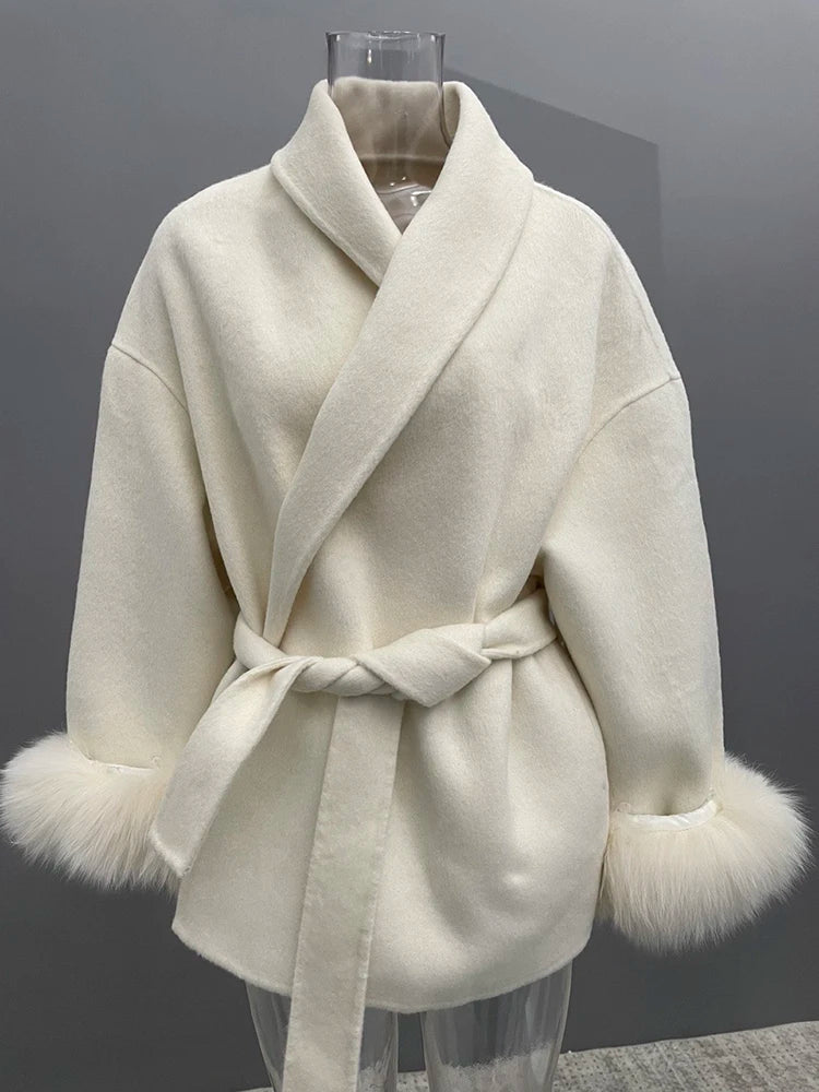 UCXQ Elegant OL Office Lady Overcoats Fur Patchwork Long Sleeve Woolen Coat Beautiful Women's Clothing Jacket Autumn 2025 Winter