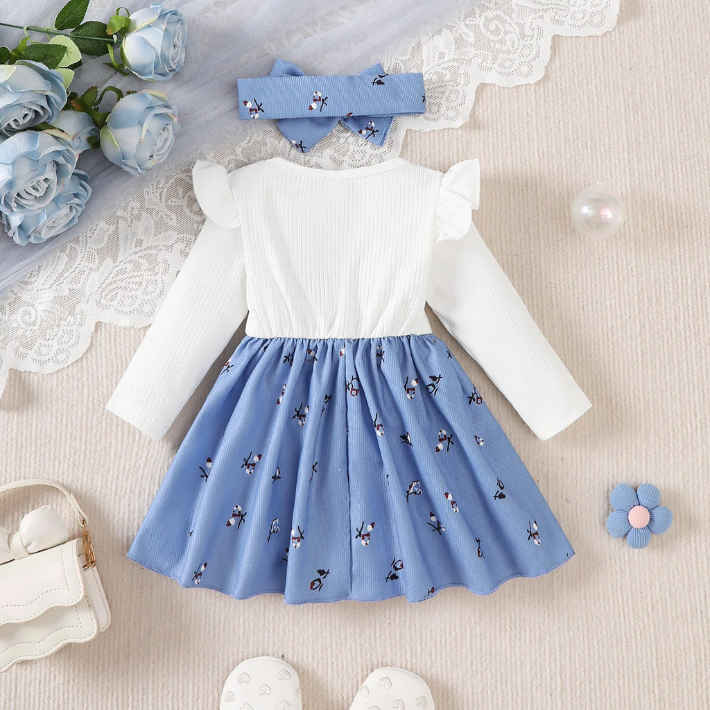 2pc/Set childrens' baby girl Dress Color blocking Broken flowers Big Bow Princess Dress+Headband 0-24 Months Baby Fashion Dress