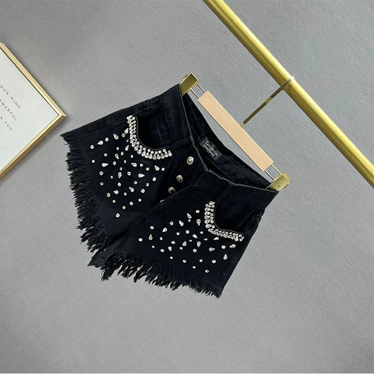 Diamond-Embedded Denim Shorts Women's Fashionable 2023 New Summer High Waist Loose Slimming Raw Hem Wide Legs Short Hot Pants