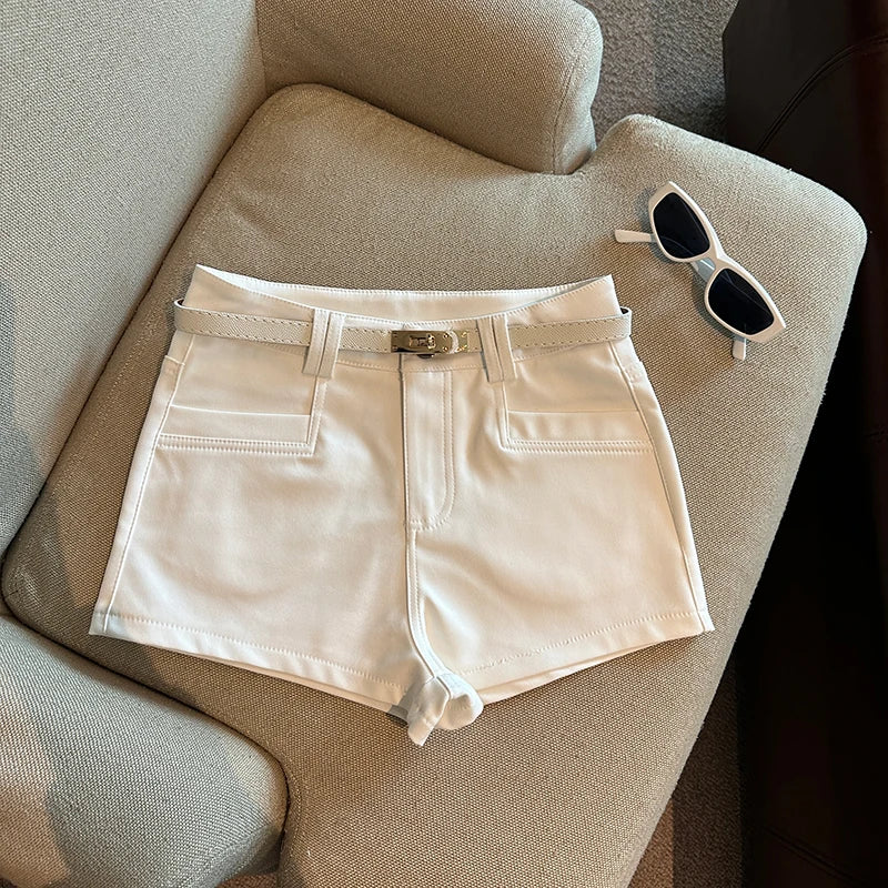 Autumn Black White Elegant Fashion Sexy Slim Short Pant Clothes Women Casual Beige Pockets High Waist Office Lady Shorts Simple