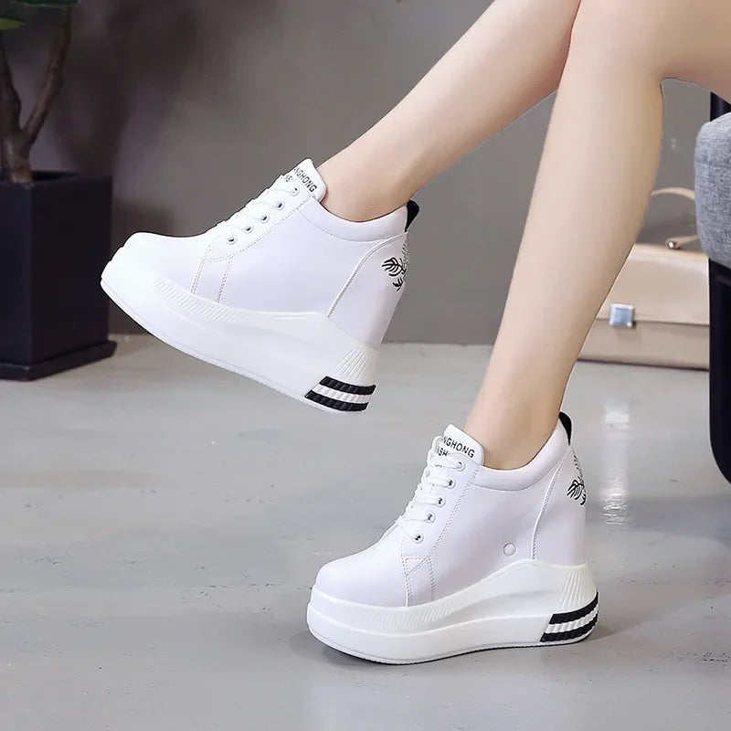 Women's Ankle Boots Autumn Leather Chunky Shoes Woman Platform Height Increased Sneakers 10.5CM Thick Sole Wedges White Boots