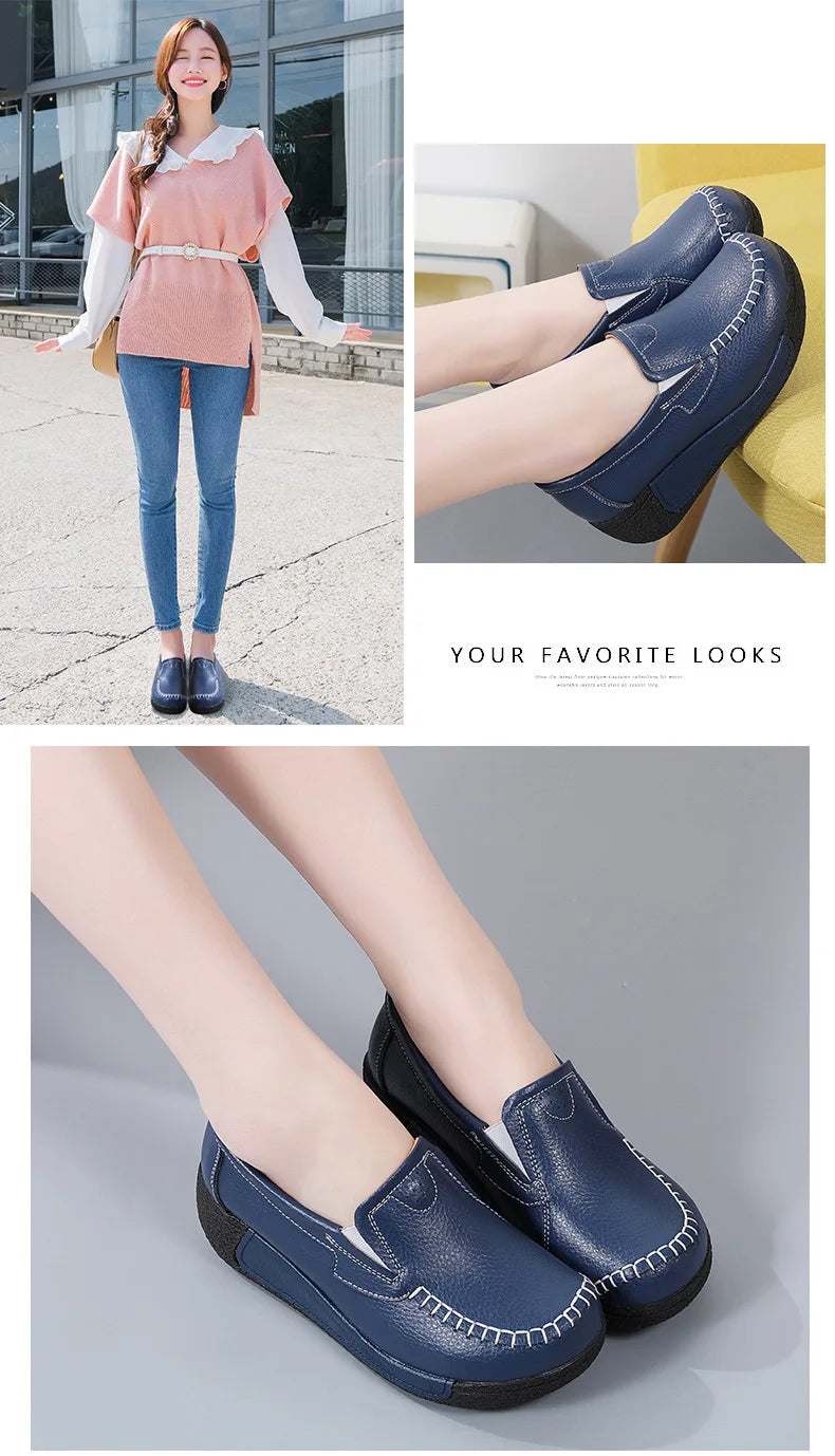 2022 Spring Autumn Women Flats Platform Loafers Ladies Genuine Leather Comfort Wedge Moccasins Orthopedic Slip On Casual Shoes
