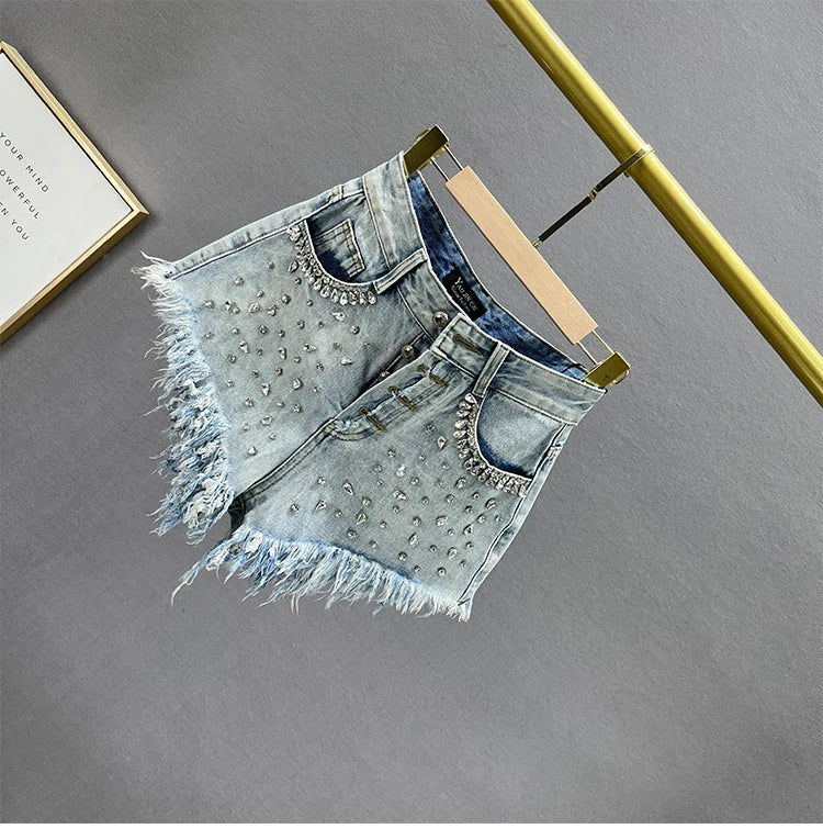 Diamond-Embedded Denim Shorts Women's Fashionable 2023 New Summer High Waist Loose Slimming Raw Hem Wide Legs Short Hot Pants