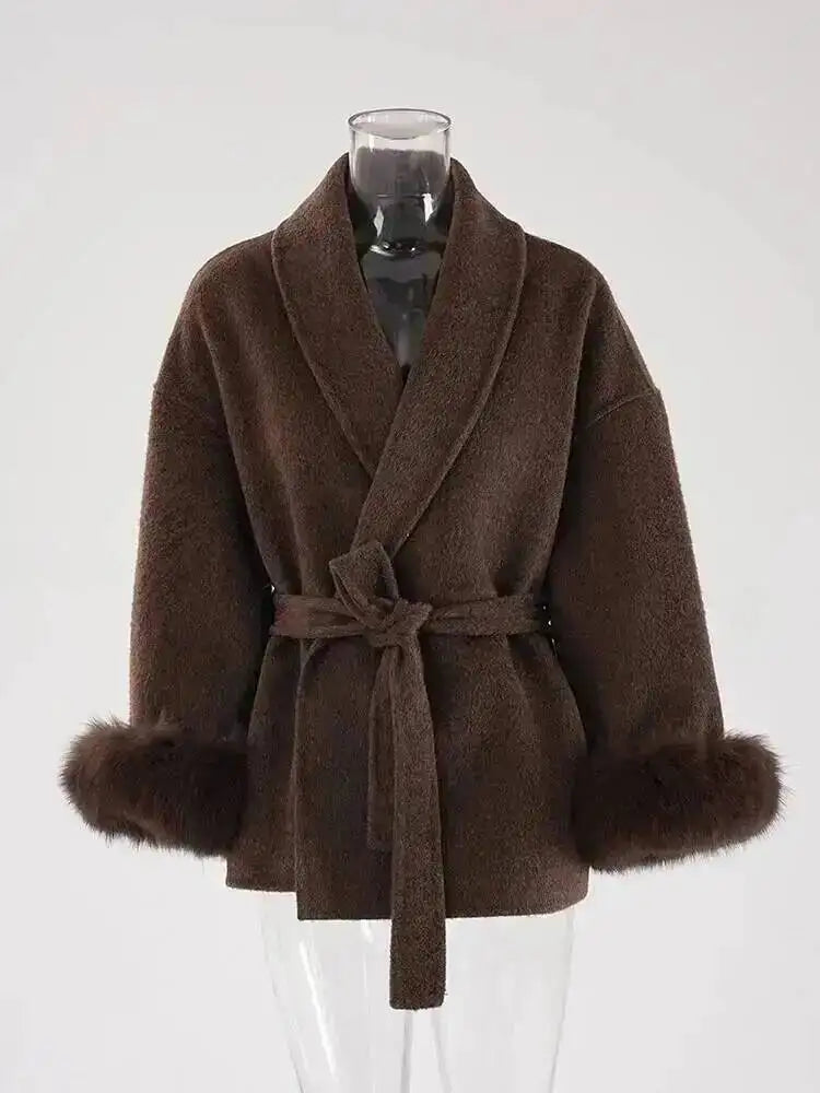 UCXQ Elegant OL Office Lady Overcoats Fur Patchwork Long Sleeve Woolen Coat Beautiful Women's Clothing Jacket Autumn 2025 Winter