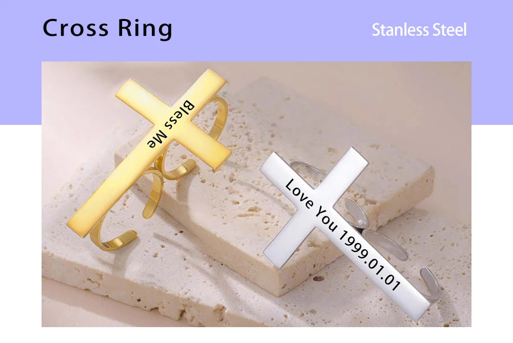 Cross Personalized Name Finger Ring Custom Gift For Woman Men Gold Color Stainless Steel Jesus Christian Amulet Talisman Jewelry