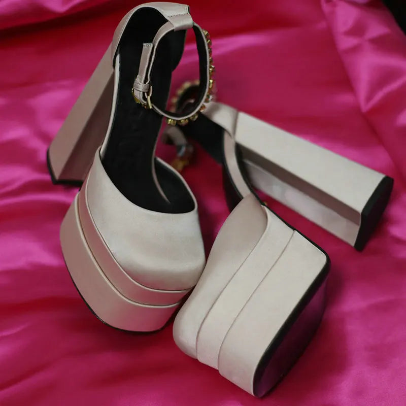 High Heels Women 2025 New Fashion Show 15cm Personality Super High Heel Waterproof Square Head Black Silk Runway Shoes