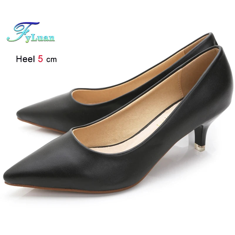 Black Med Heels 5cm Women Shoes Thin Heels Pointed Shallow Mouth Ladies Pumps Ten Colours Microfiber Stiletto Shiny Dating Shoes