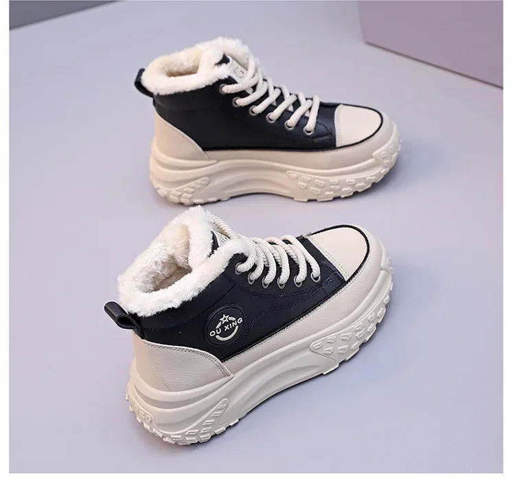 Women's Winter 2023 New Style Flat Boots Fleece Lined Thickened Warm Cotton Shoes High Top Little White Shoes Hx-q037