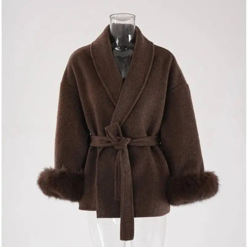 UCXQ Elegant OL Office Lady Overcoats Fur Patchwork Long Sleeve Woolen Coat Beautiful Women's Clothing Jacket Autumn 2025 Winter