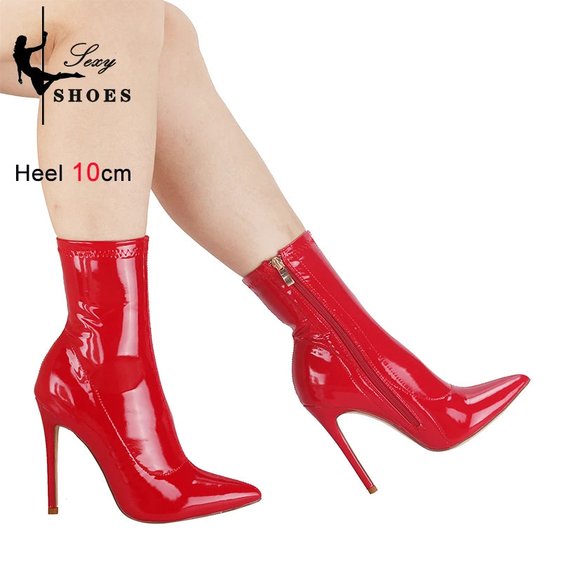 10CM Red Women Ankle Boots Side Zipper Thin Heels Short Boot Glossy Patent Leather High Heels Office Autumn Shoes Woman Footwear