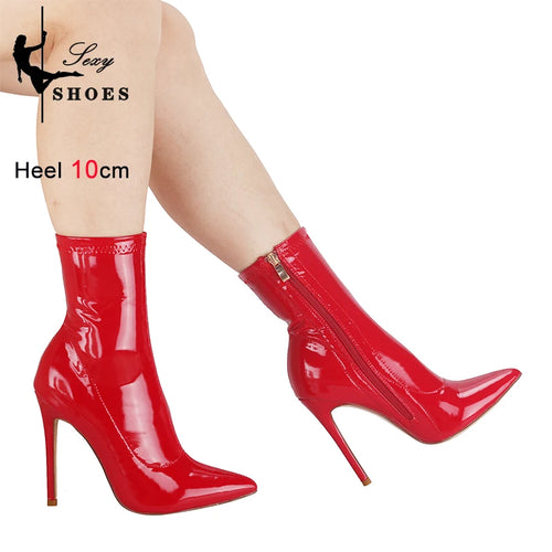 10CM Red Women Ankle Boots Side Zipper Thin Heels Short Boot Glossy Patent Leather High Heels Office Autumn Shoes Woman Footwear