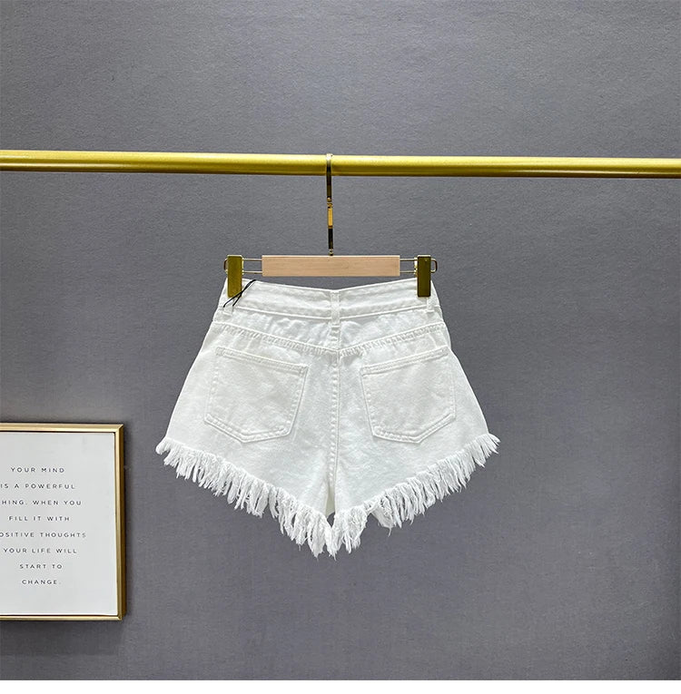 Diamond-Embedded Denim Shorts Women's Fashionable 2023 New Summer High Waist Loose Slimming Raw Hem Wide Legs Short Hot Pants