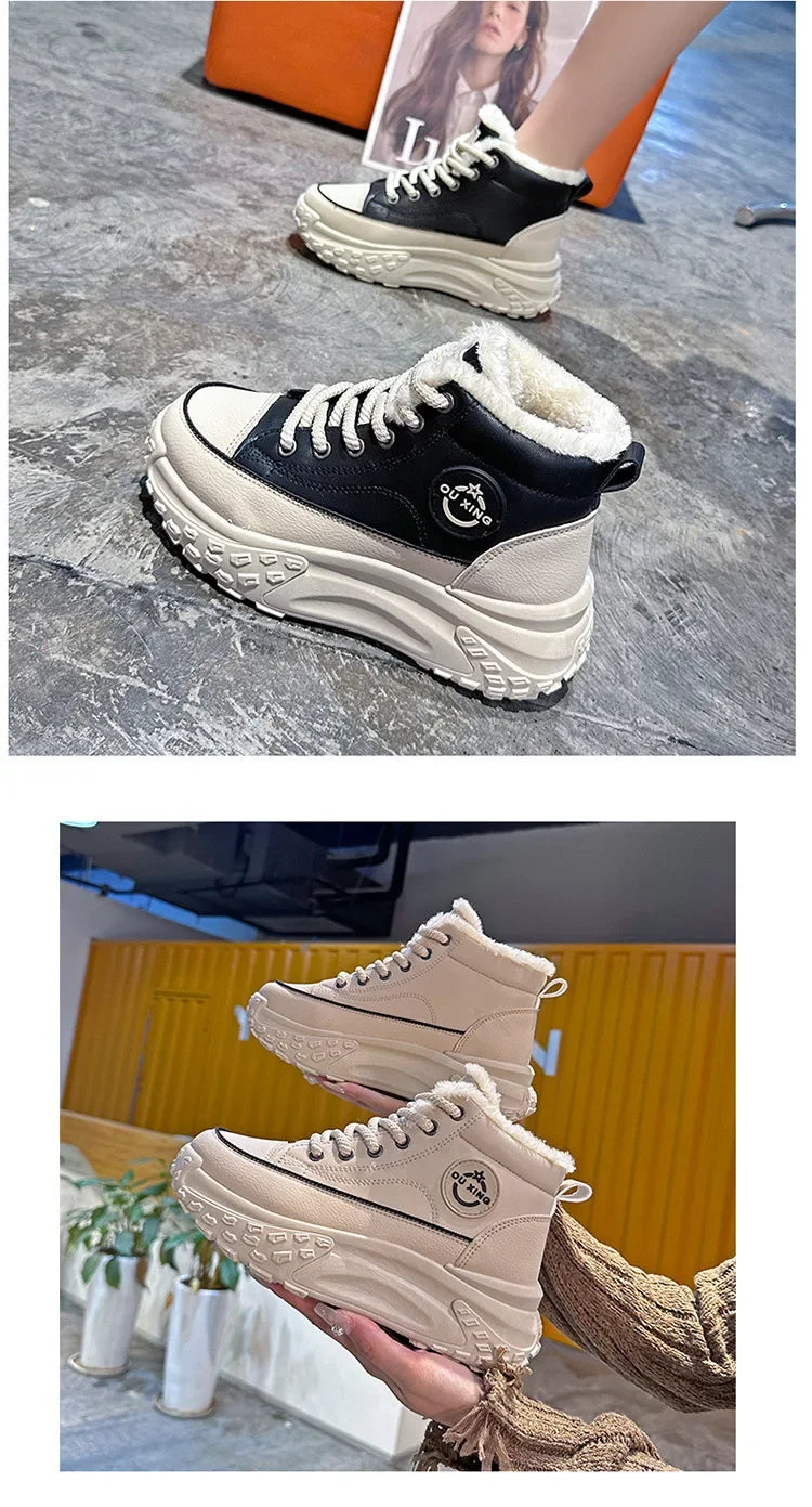 Women's Winter 2023 New Style Flat Boots Fleece Lined Thickened Warm Cotton Shoes High Top Little White Shoes Hx-q037